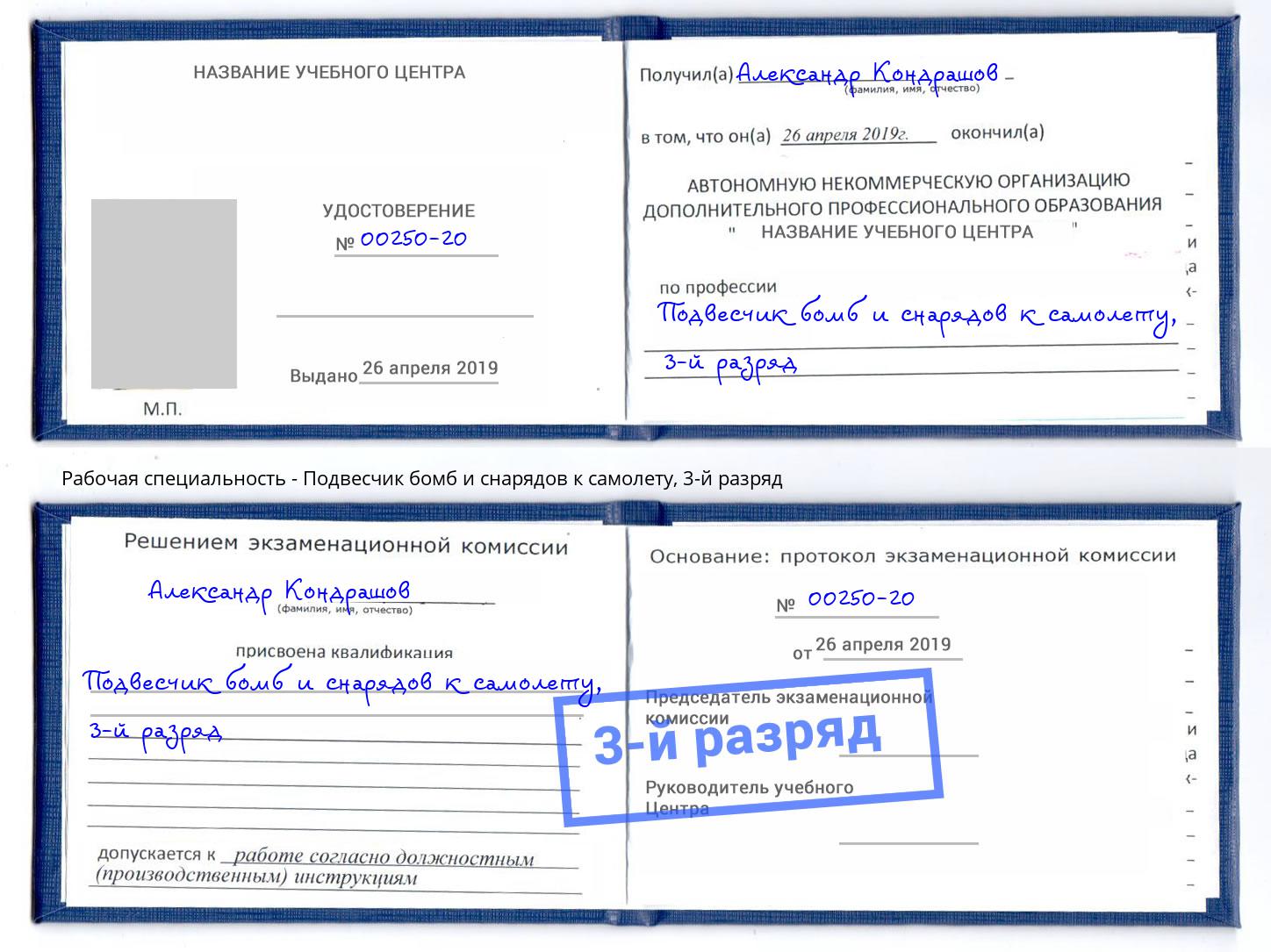 корочка 3-й разряд Подвесчик бомб и снарядов к самолету Альметьевск