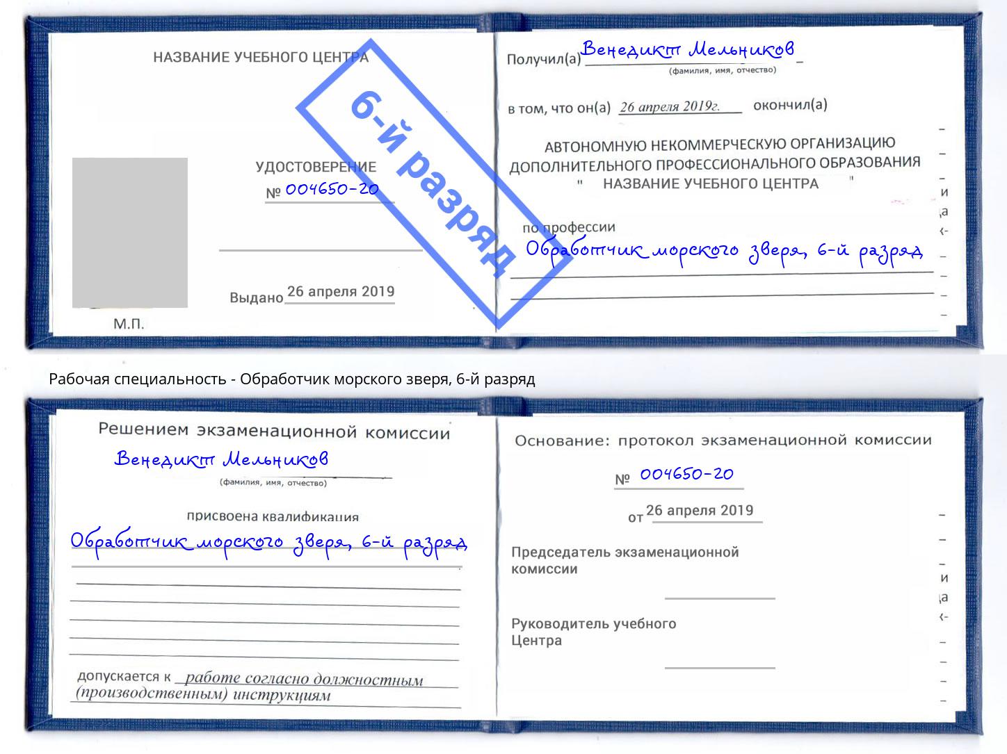 корочка 6-й разряд Обработчик морского зверя Альметьевск