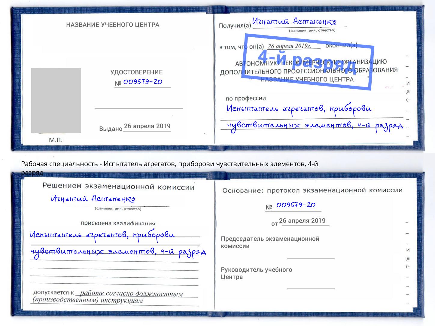 корочка 4-й разряд Испытатель агрегатов, приборови чувствительных элементов Альметьевск