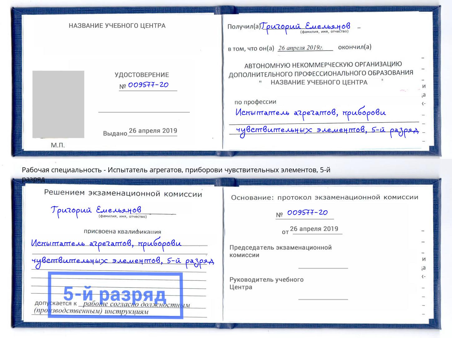 корочка 5-й разряд Испытатель агрегатов, приборови чувствительных элементов Альметьевск