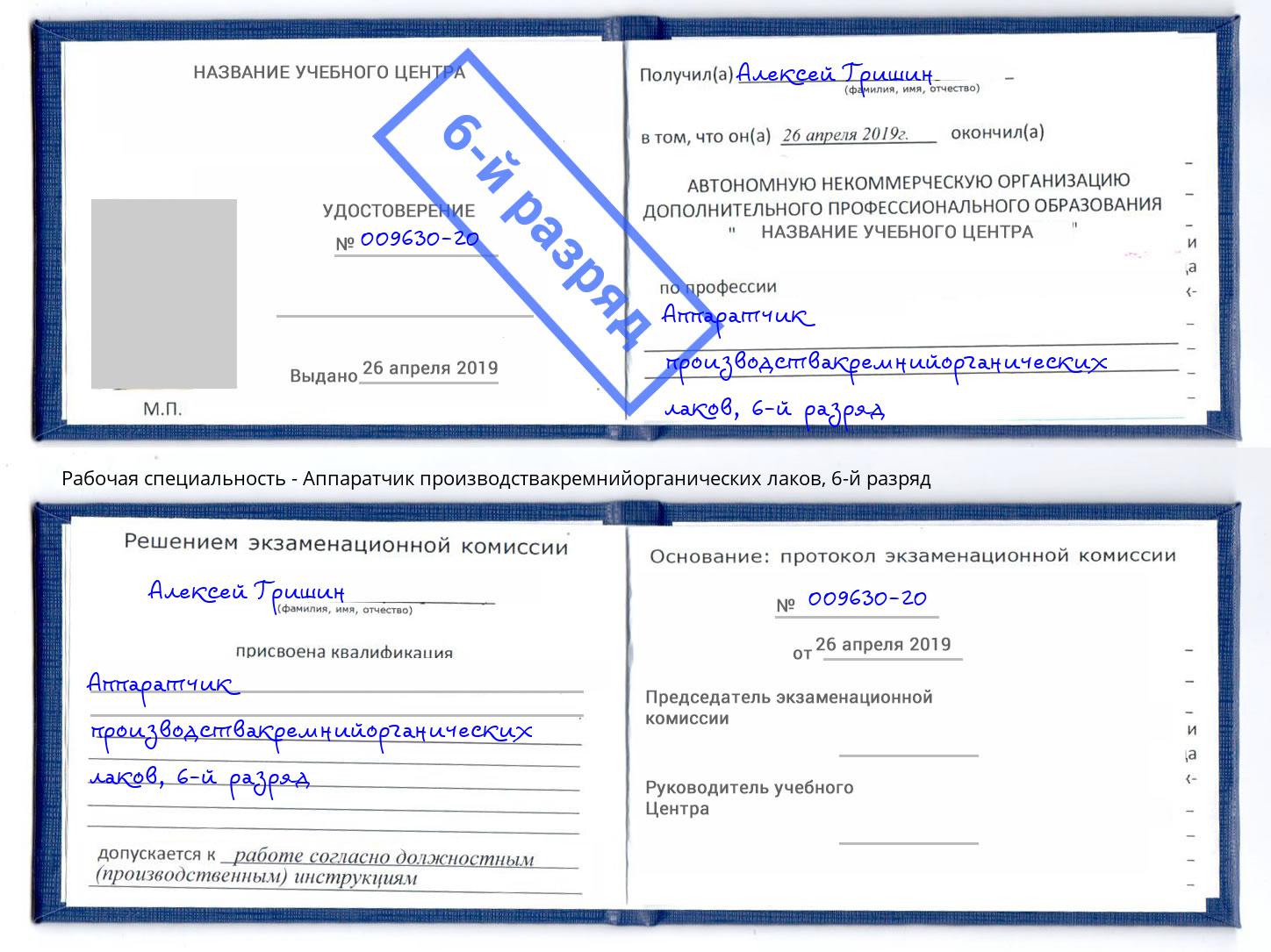 корочка 6-й разряд Аппаратчик производствакремнийорганических лаков Альметьевск