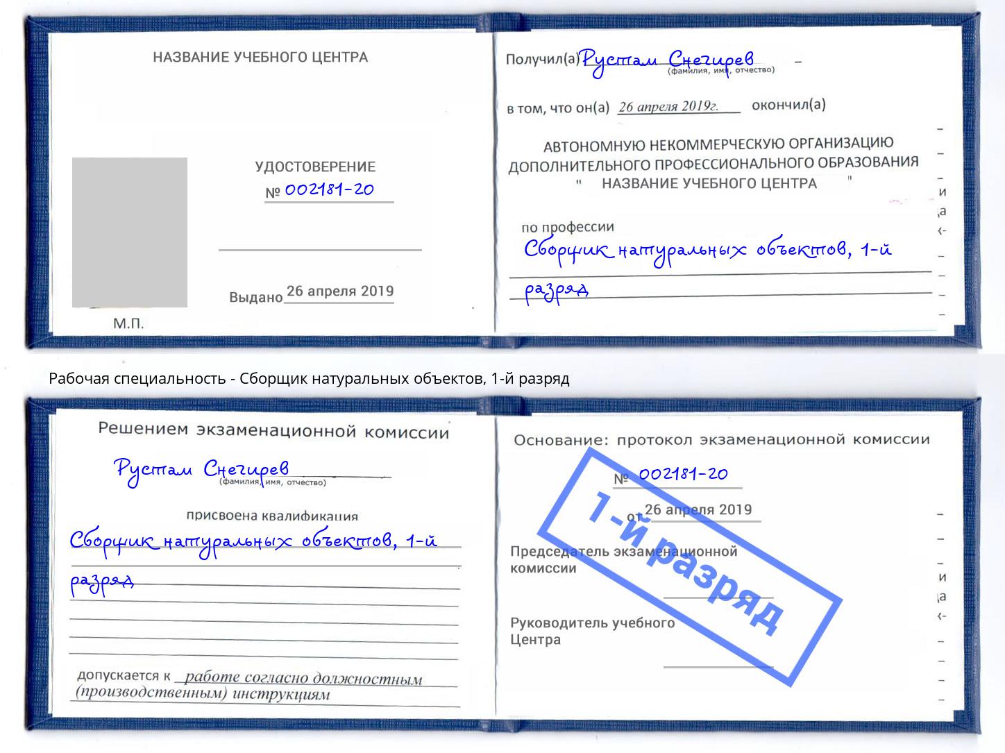 корочка 1-й разряд Сборщик натуральных объектов Альметьевск