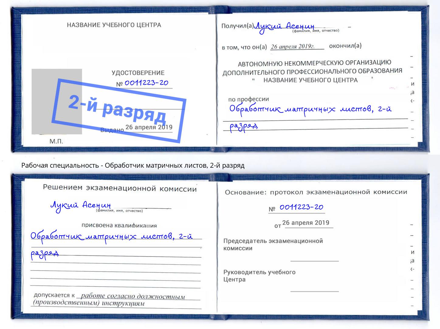 корочка 2-й разряд Обработчик матричных листов Альметьевск